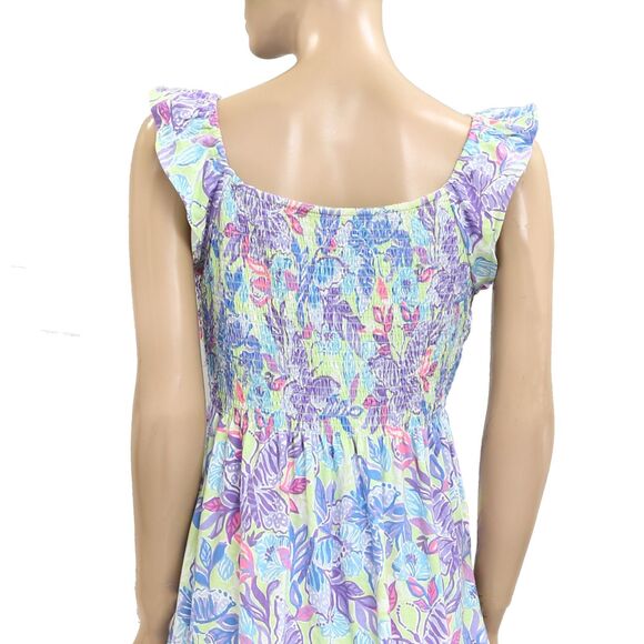 Lilly Pulitzer Floral Print Smocked Mini Short Dress Cotton Ruffle XL New 279932 - Picture 4 of 5